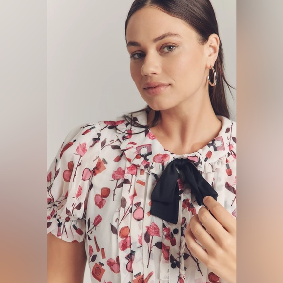 NWT! Anisa Makhoul x Maeve Puff-Sleeve Collared Bow-Front Pleated Mini Dress 🔮 - Picture 8 of 10